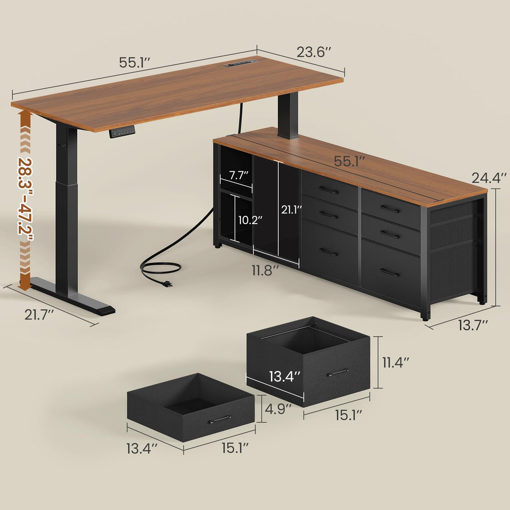 L Shaped Electric Standing Desk, 55" x 55" Height Adjustable Corner Office Desk with 6 Fabric Drawers and Storage Shelves, Stand up Home Office Desk with Power Outlet, Black and Brown H9615