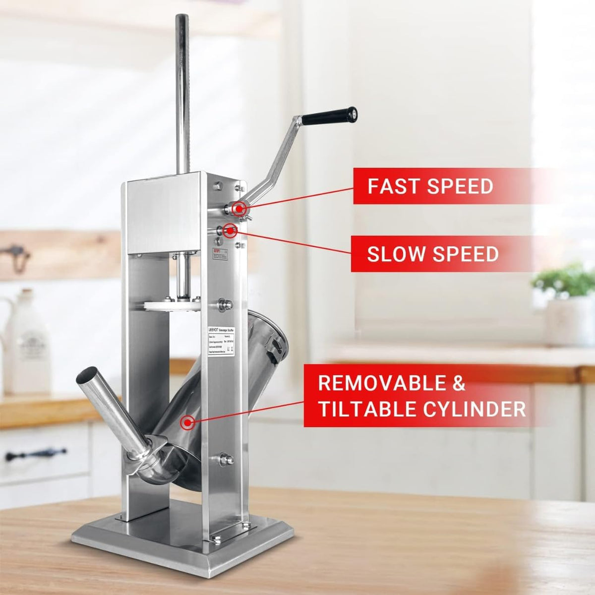 Manual Sausage Stuffer, 2 Speeds, 5 Filling Tubes, 11Lb/5L Stainless Steel T418