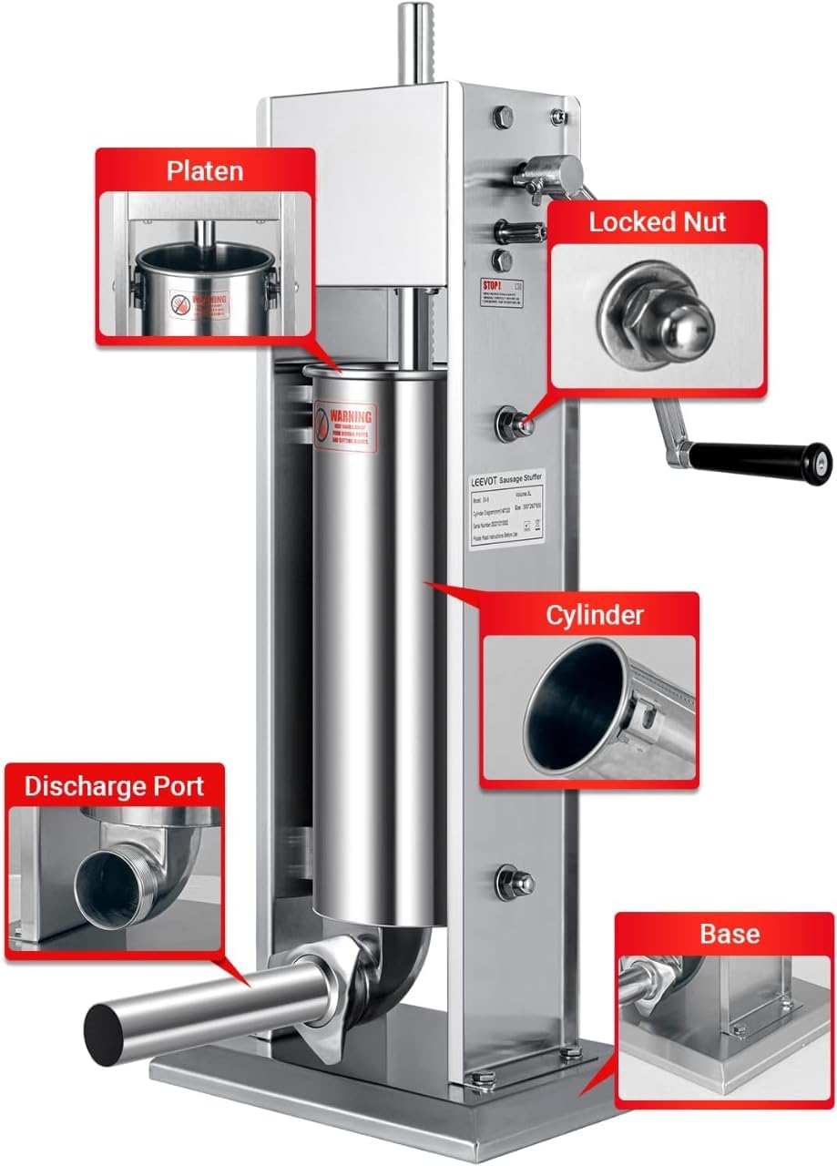 Manual Sausage Stuffer, 2 Speeds, 5 Filling Tubes, 11Lb/5L Stainless Steel T418