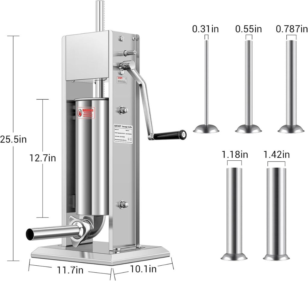 Manual Sausage Stuffer, 2 Speeds, 5 Filling Tubes, 11Lb/5L Stainless Steel T418