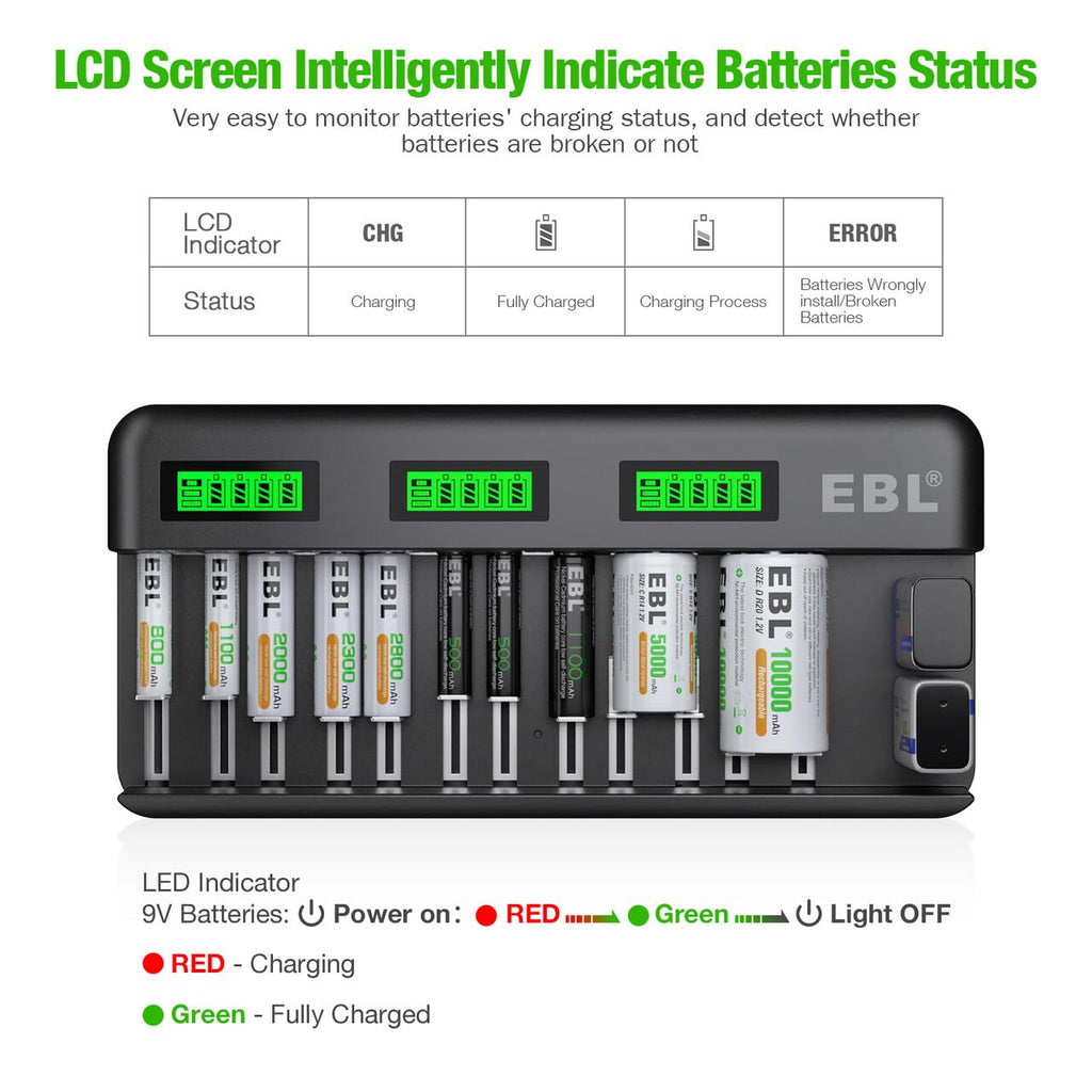 8 Pack 10000mAh Ni-MH D Rechargeable Batteries with Charger Y3653
