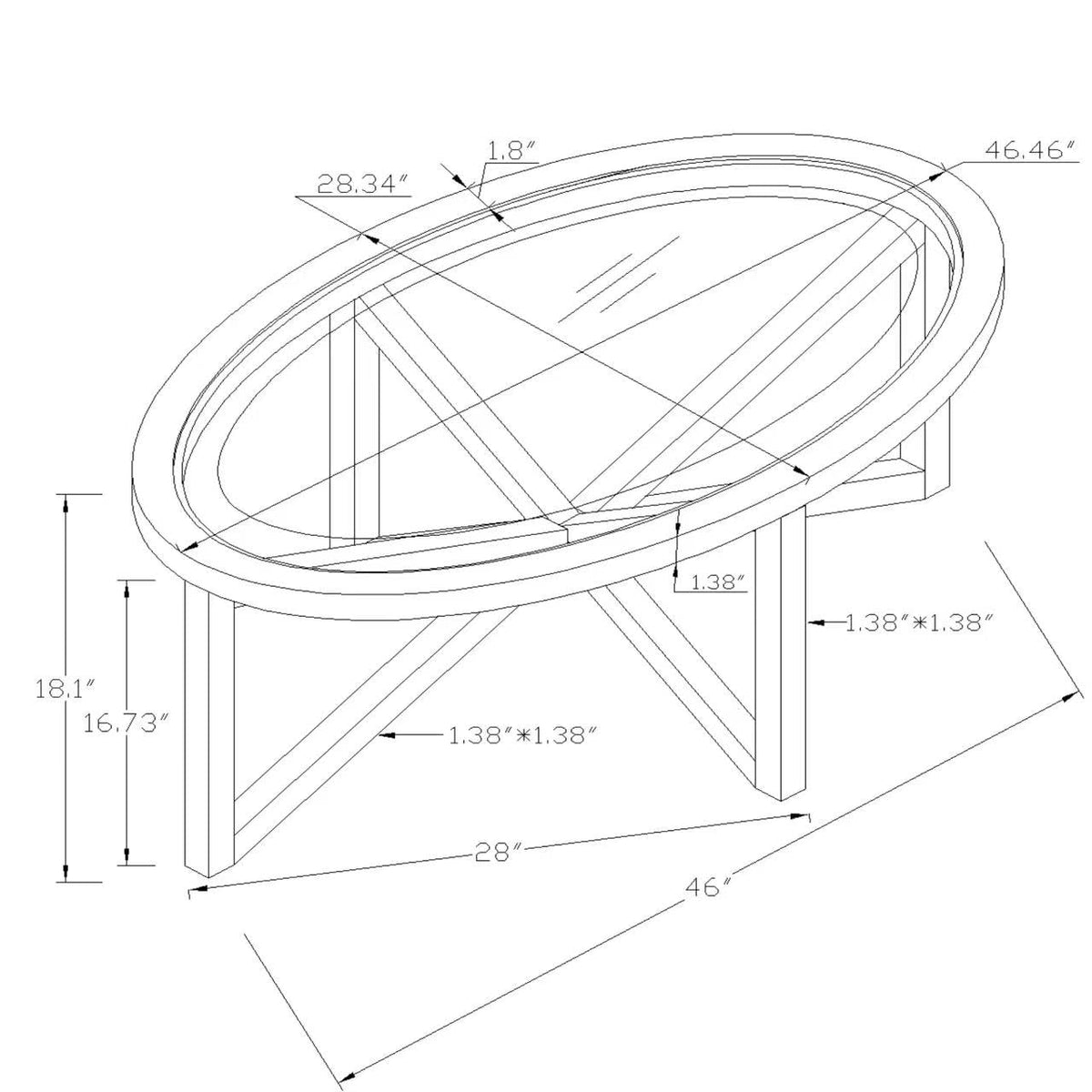 46" Oval Glass Coffee Table with Tempered Glass Top and Wood Base J796
