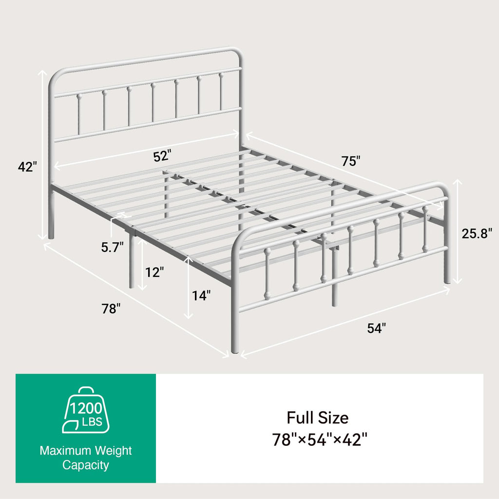 White Metal Full Size Bed Frame with Headboard and Footboard U289