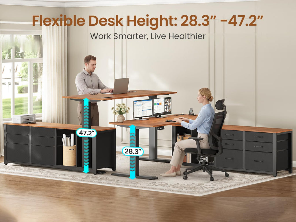 L Shaped Electric Standing Desk, 55" x 55" Height Adjustable Corner Office Desk with 6 Fabric Drawers and Storage Shelves, Stand up Home Office Desk with Power Outlet, Black and Brown H9615