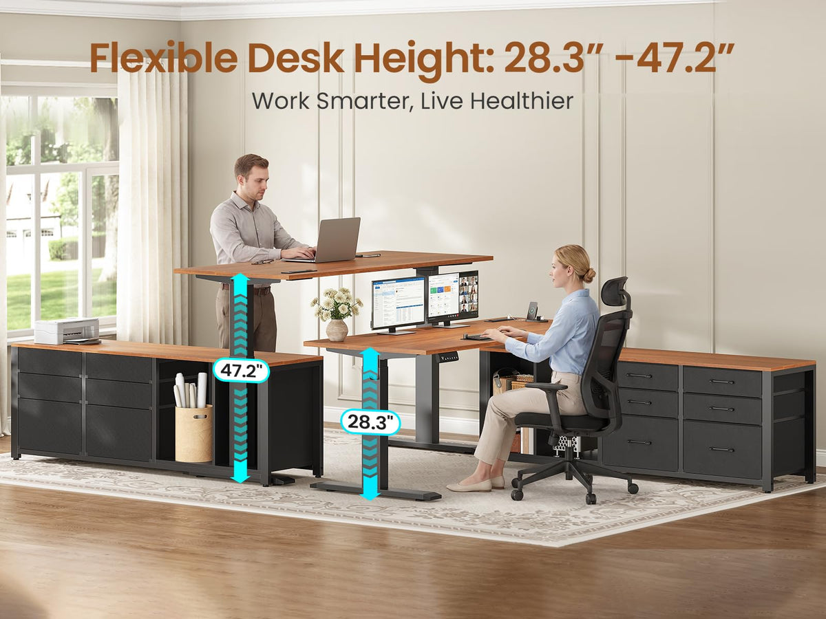 L Shaped Electric Standing Desk, 55" x 55" Height Adjustable Corner Office Desk with 6 Fabric Drawers and Storage Shelves, Stand up Home Office Desk with Power Outlet, Black and Brown H9615