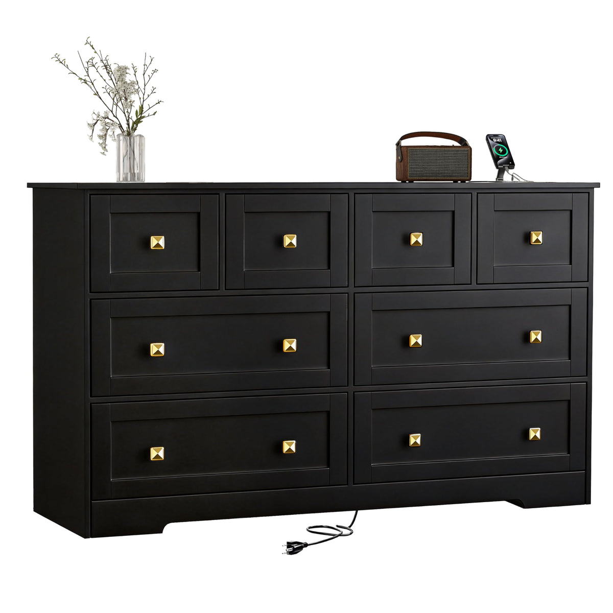 Black 8 Drawer Wood Dresser with Metal Handle X799