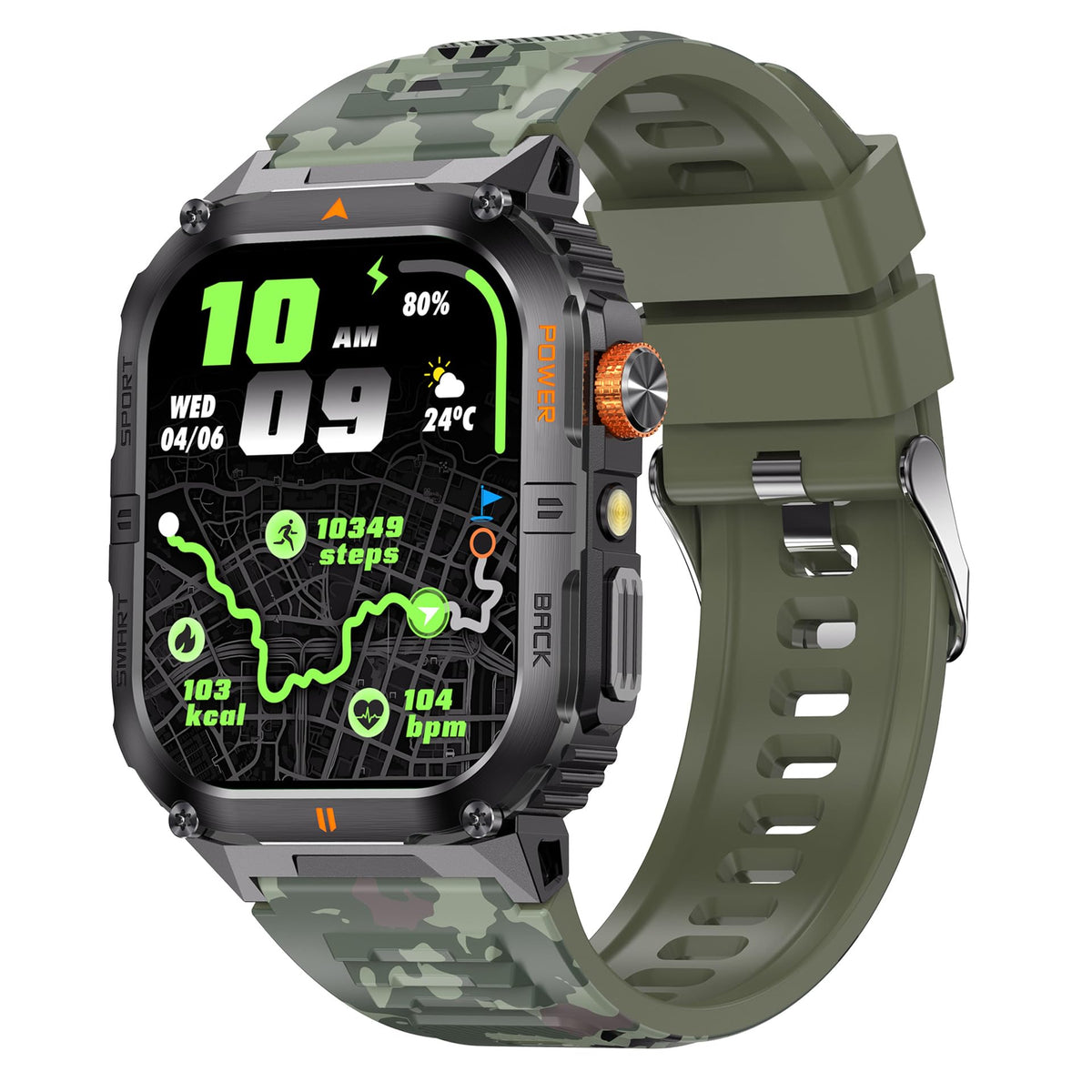 Military Smart Watch with Bluetooth Calling, Heart Rate Monitor, Sleep Tracking, Camouflage Green W282232