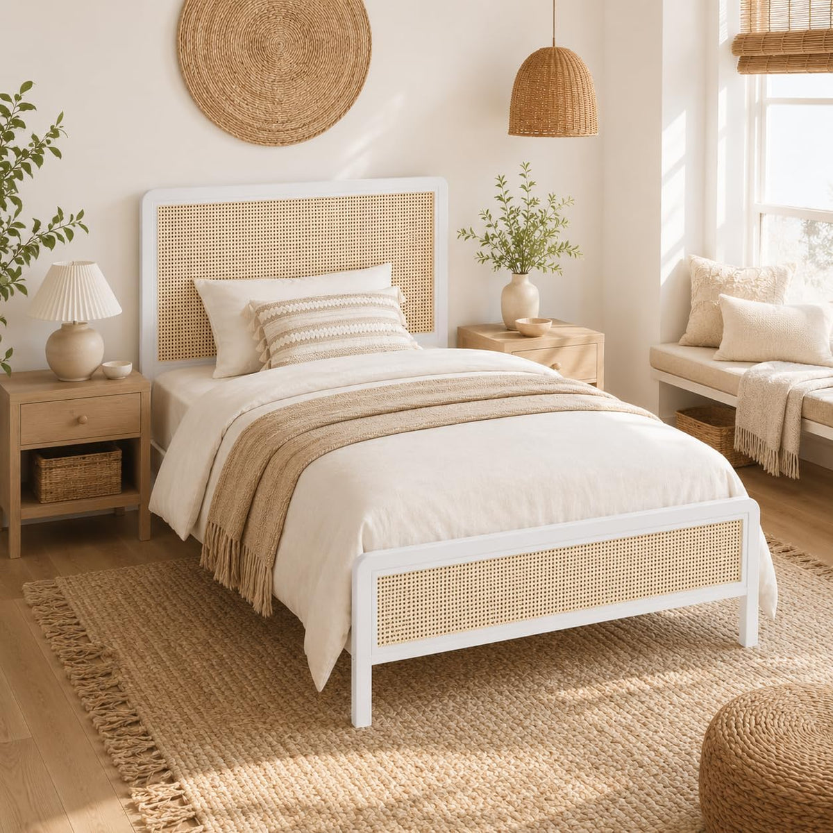 White Rattan Twin Bed Frame with Headboard H979827