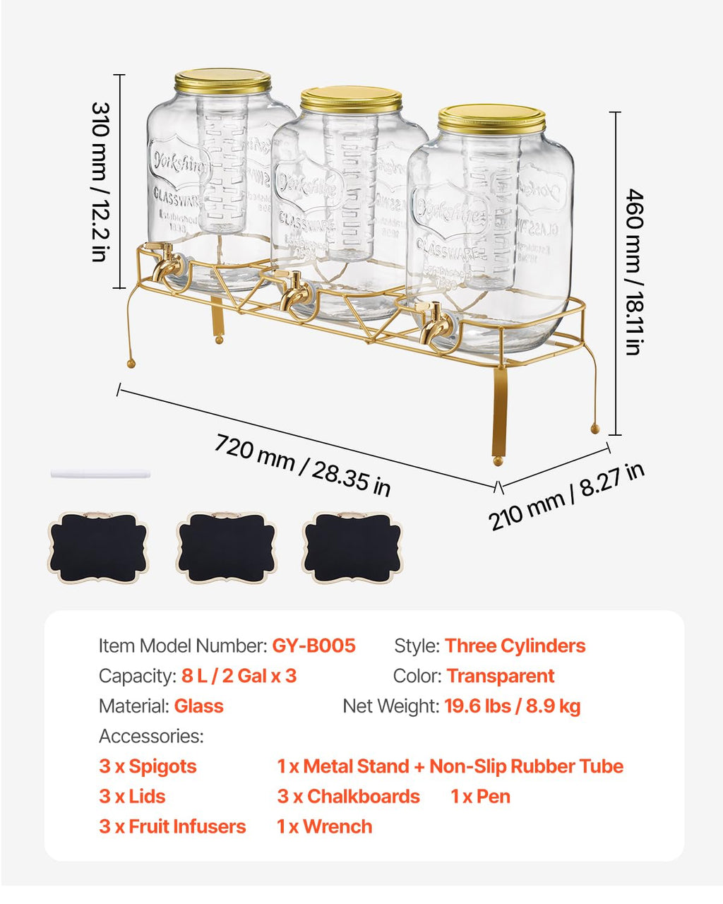3 Pack 2 Gallon Glass Beverage Dispenser with Metal Stand Y375