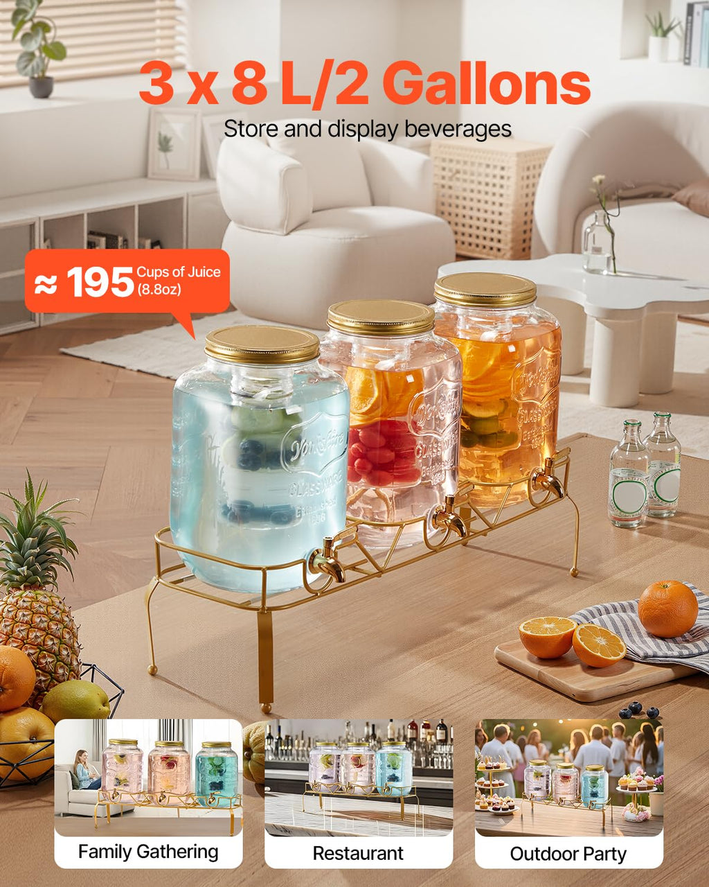 3 Pack 2 Gallon Glass Beverage Dispenser with Metal Stand Y375