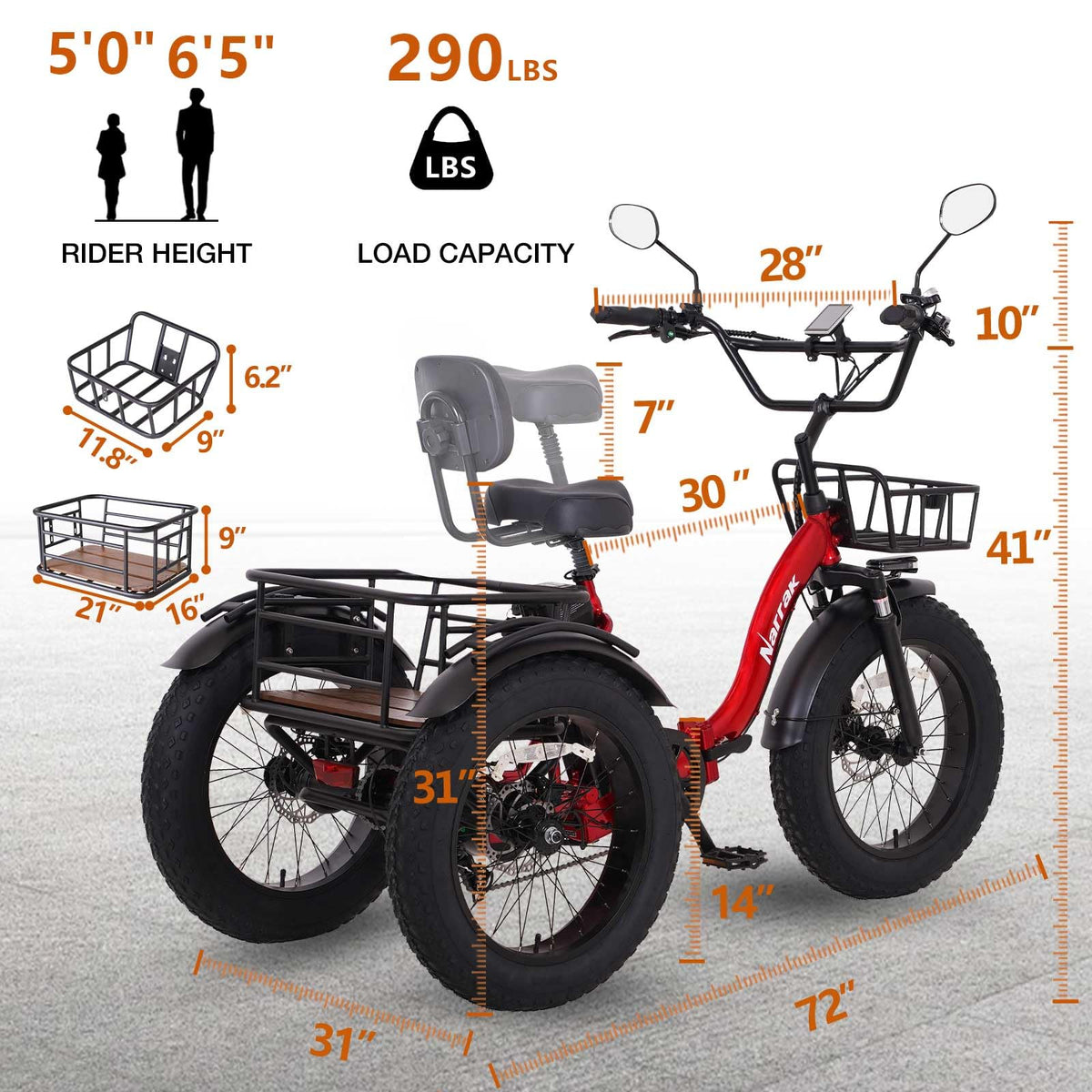 Electric Tricycle for Adults, 750W, 48V13Ah, 20"x4.0" Folding Fat Tire 3 Wheel Electric Trike E714829