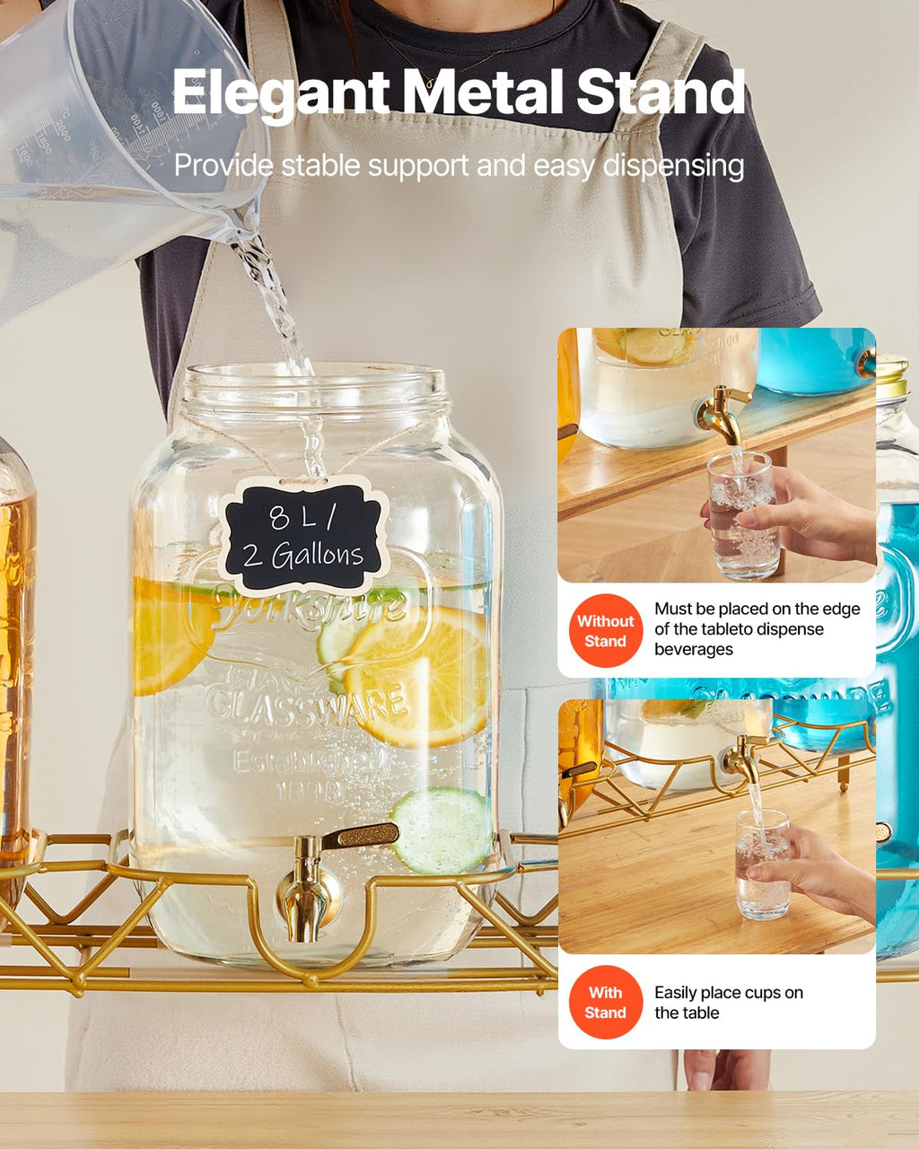 3 Pack 2 Gallon Glass Beverage Dispenser with Metal Stand Y375