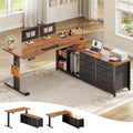 L Shaped Electric Standing Desk, 55" x 55" Height Adjustable Corner Office Desk with 6 Fabric Drawers and Storage Shelves, Stand up Home Office Desk with Power Outlet, Black and Brown H9615