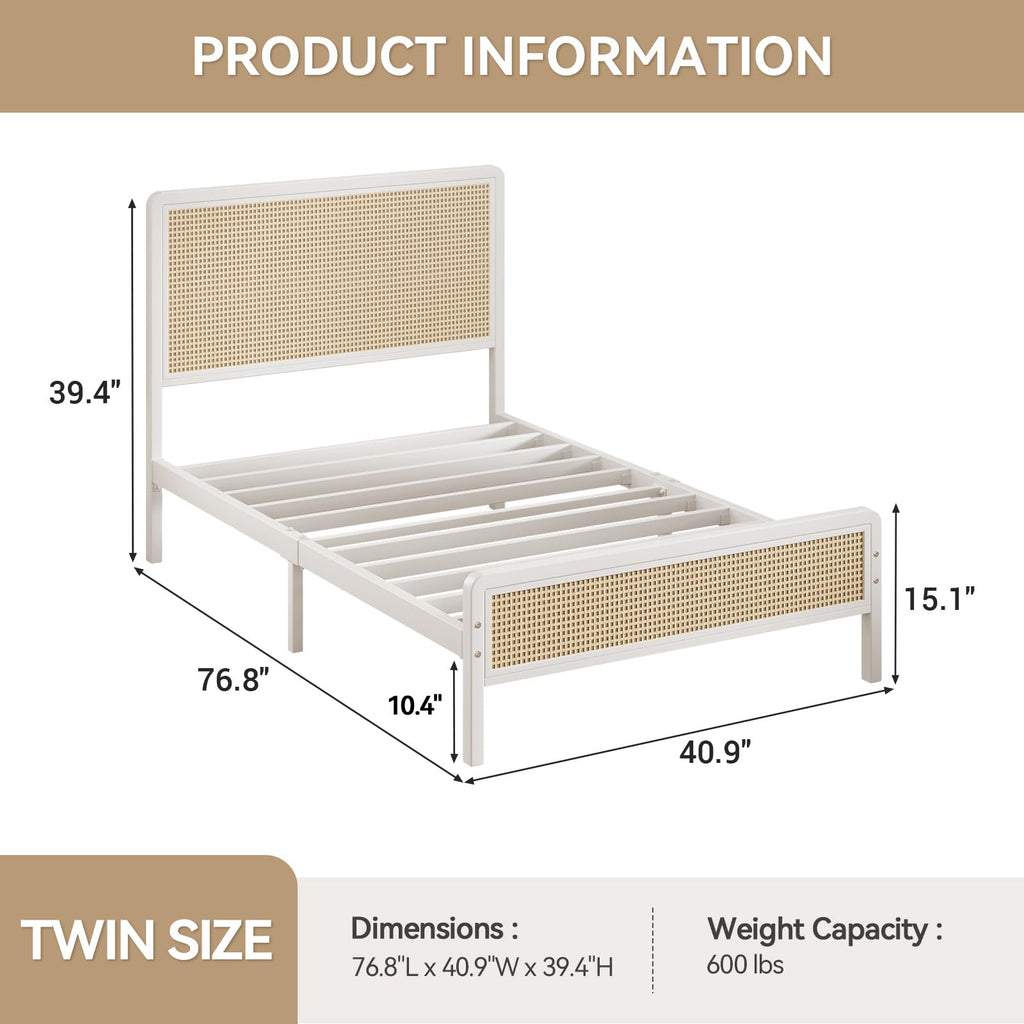 White Rattan Twin Bed Frame with Headboard H979827
