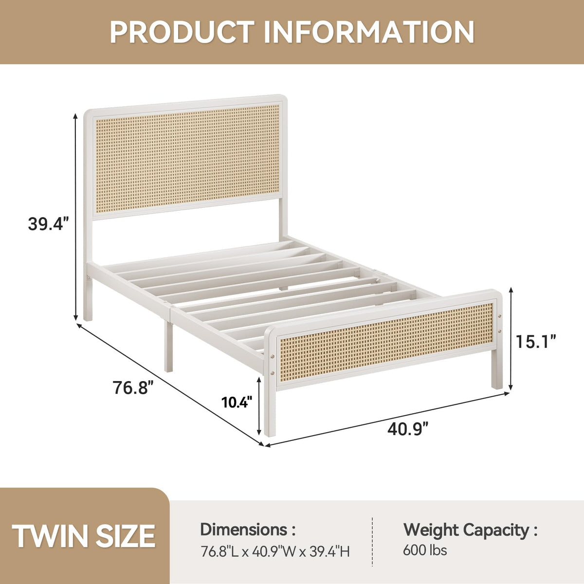 White Rattan Twin Bed Frame with Headboard H979827