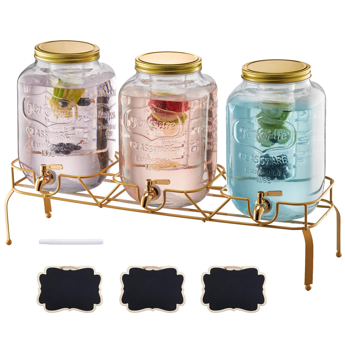 3 Pack 2 Gallon Glass Beverage Dispenser with Metal Stand Y375