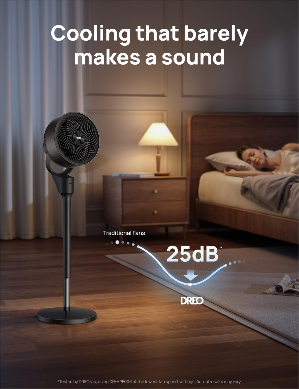 80° Oscillating Standing Fan, 20dB Quiet, 3 Speeds, Remote, Adjustable Height A64045