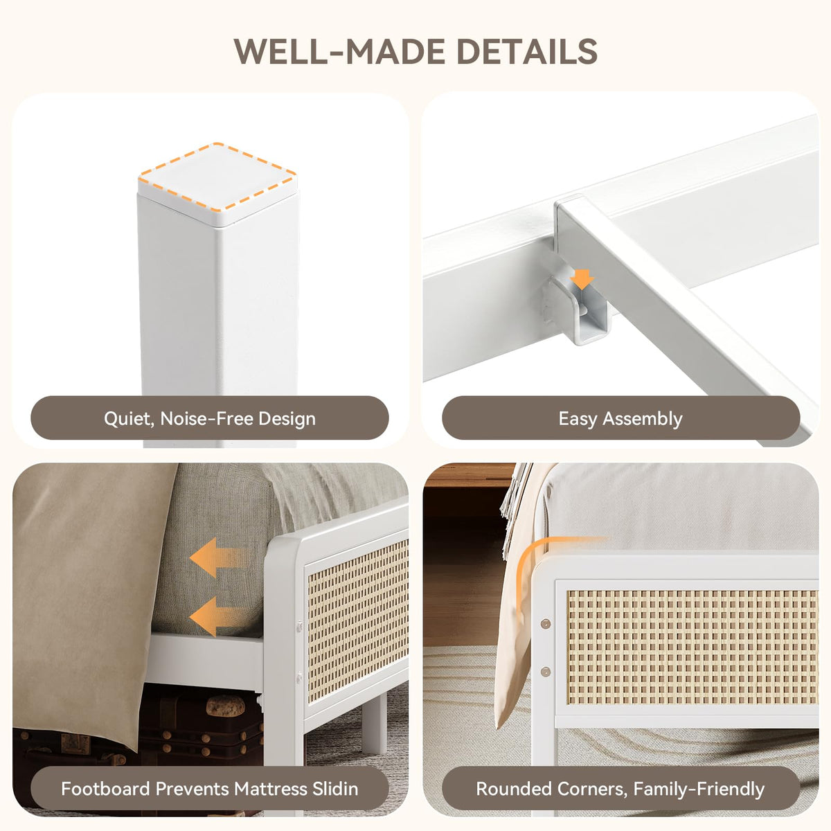 White Rattan Twin Bed Frame with Headboard H979827