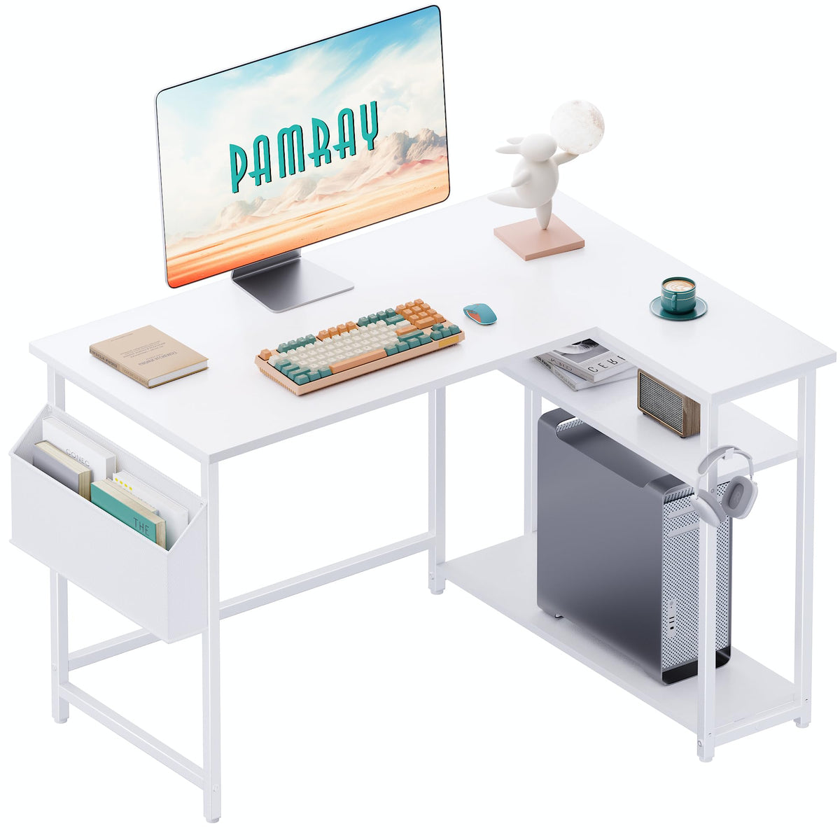 40 Inch L Shaped Computer Desk with Reversible Storage Shelves White M1780