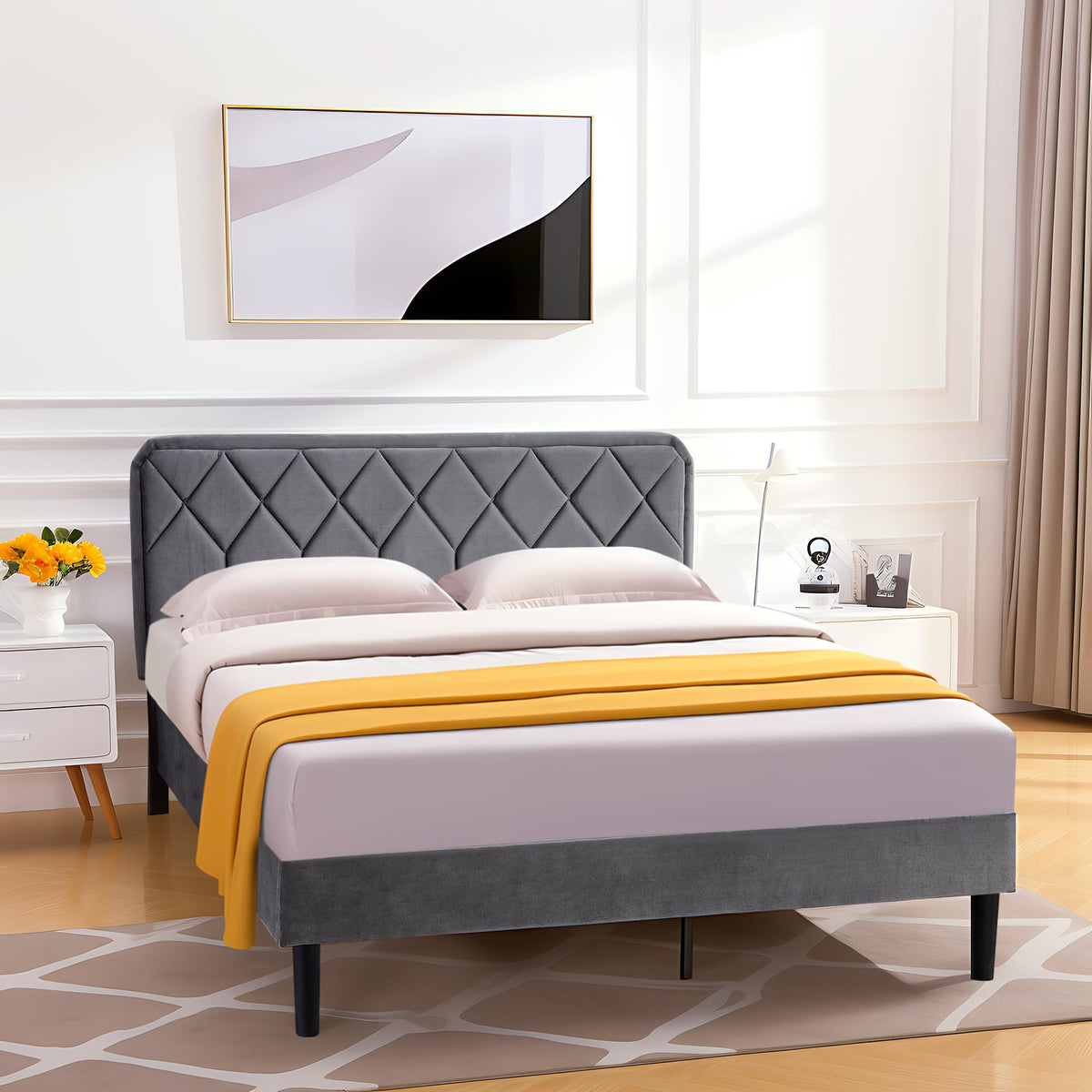 Queen Size Velvet Upholstered Platform Bed Frame A214044