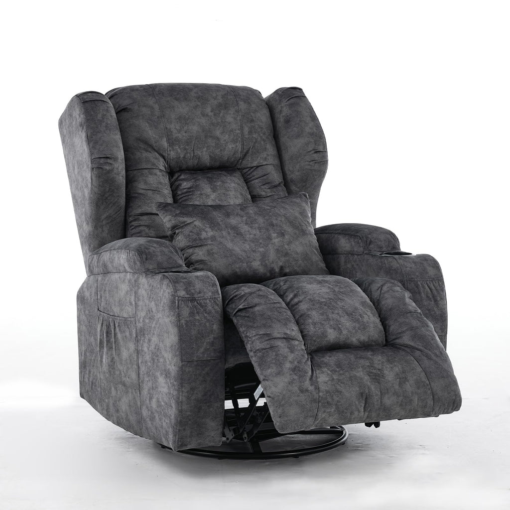 Velvet Gray Swivel Rocker Recliner Chair with Cup Holders F66655