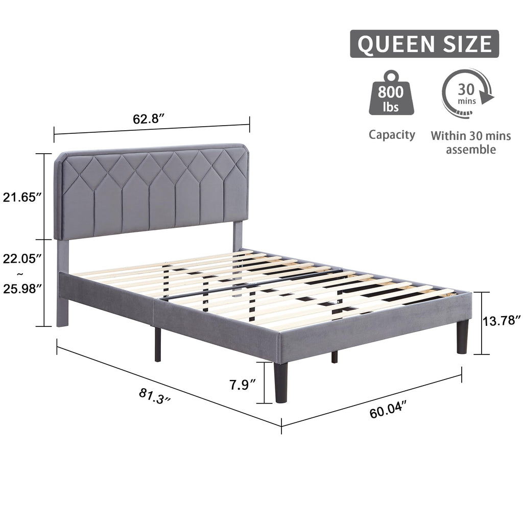 Queen Size Velvet Upholstered Platform Bed Frame A214044