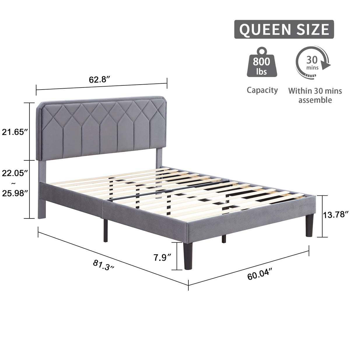 Queen Size Velvet Upholstered Platform Bed Frame A214044