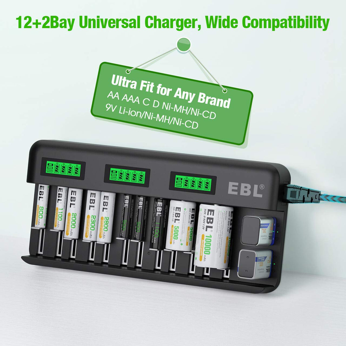 8 Pack 10000mAh Ni-MH D Rechargeable Batteries with Charger Y3653