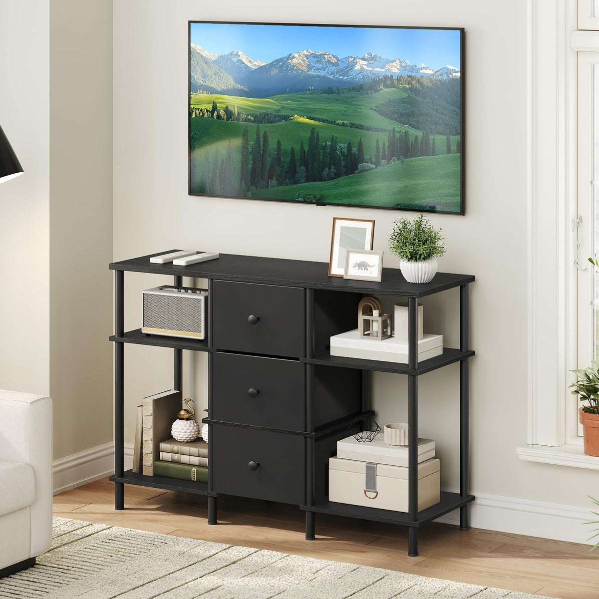 Black 3 Fabric Drawer TV Stand C2582