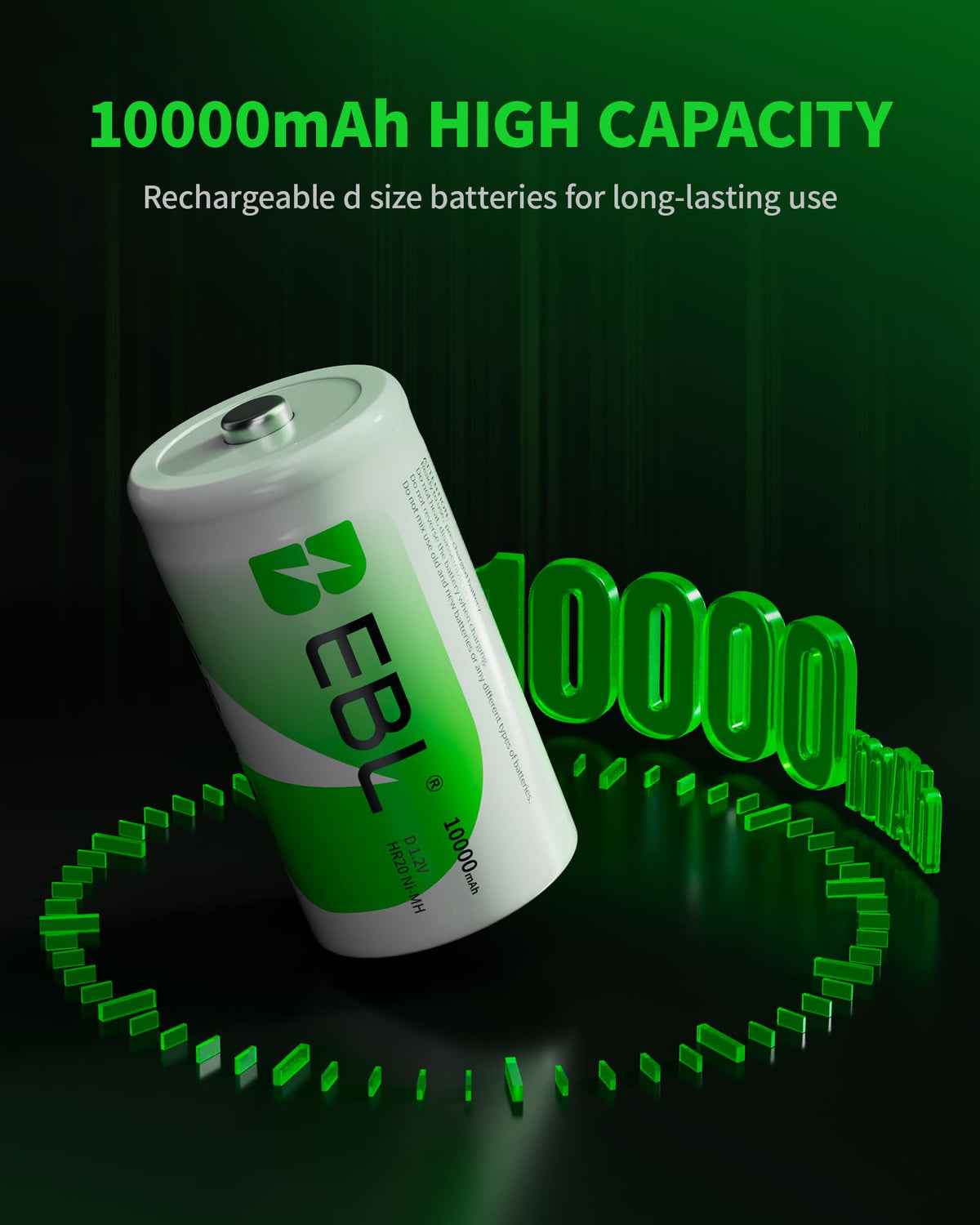 8 Pack 10000mAh Ni-MH D Rechargeable Batteries with Charger Y3653