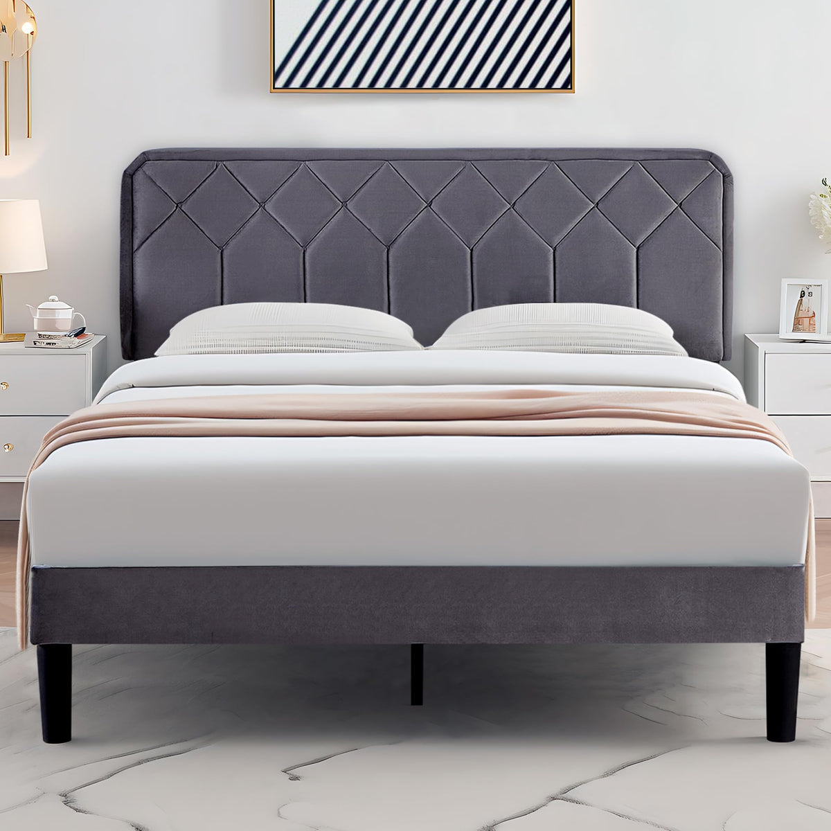 Queen Size Velvet Upholstered Platform Bed Frame A214044