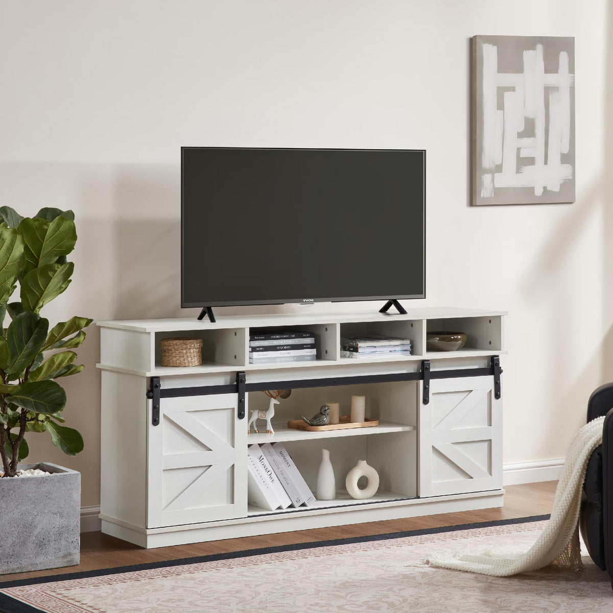 White Wood TV Stand with Adjustable Shelves J918597