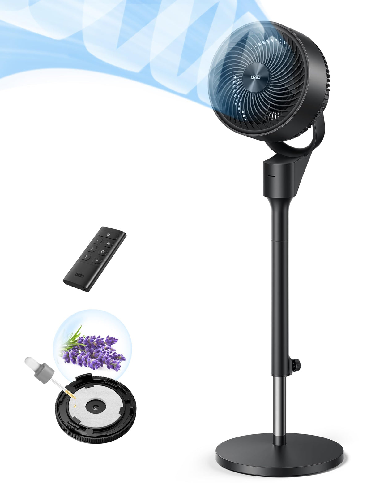 80° Oscillating Standing Fan, 20dB Quiet, 3 Speeds, Remote, Adjustable Height A64045