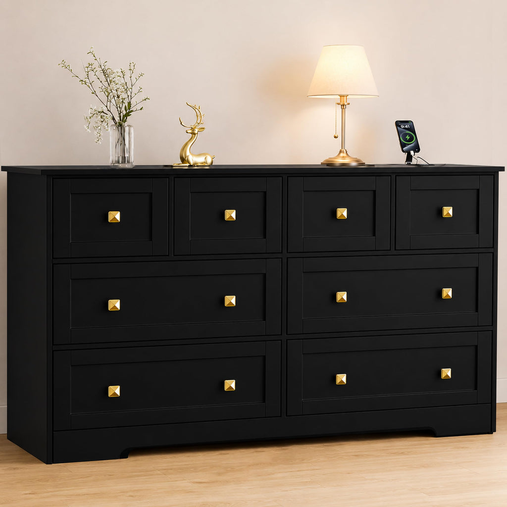 Black 8 Drawer Wood Dresser with Metal Handle X799