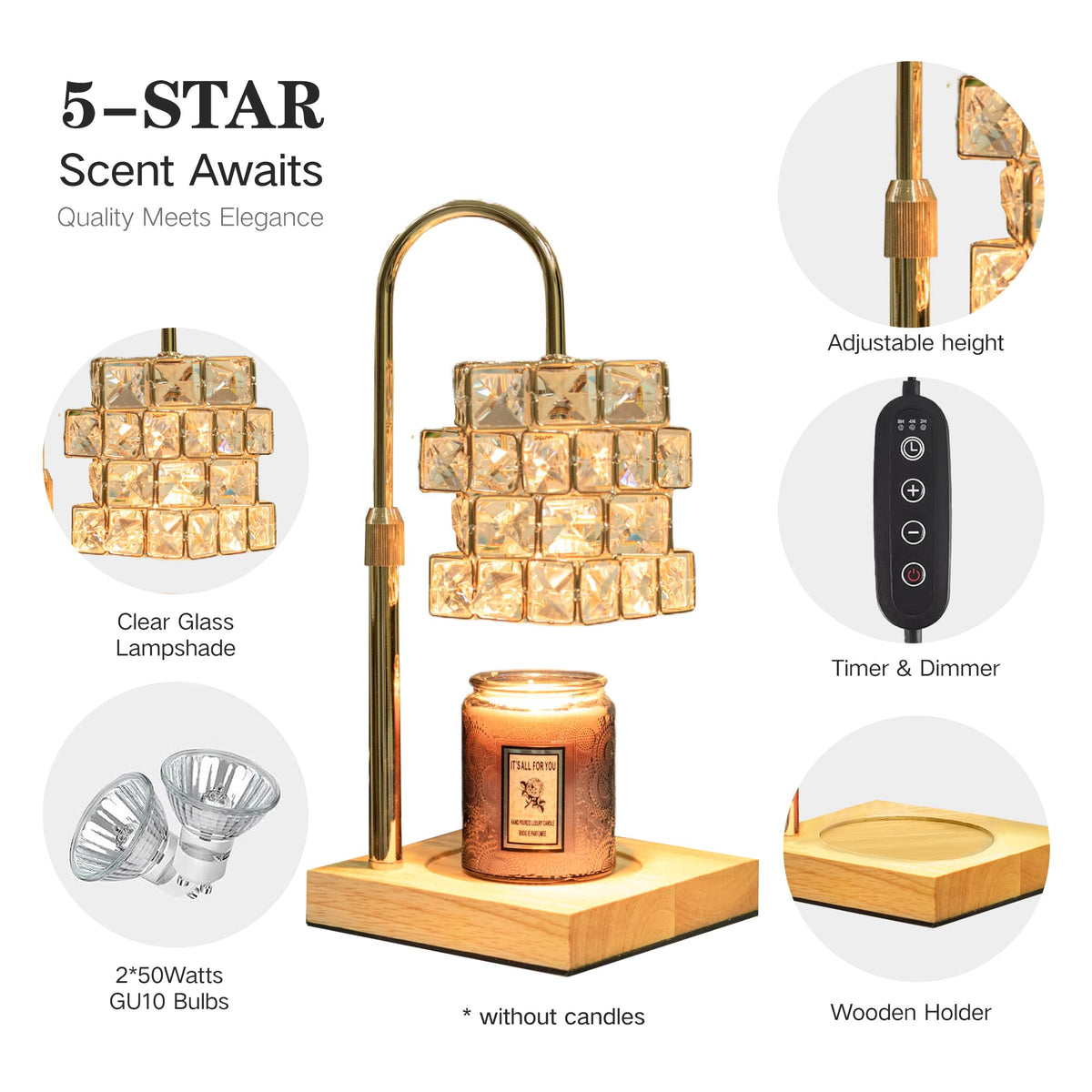 Candle Warmer Lamp with 2 Bulbs, Adjustable Dimmable Amber Glass G82436
