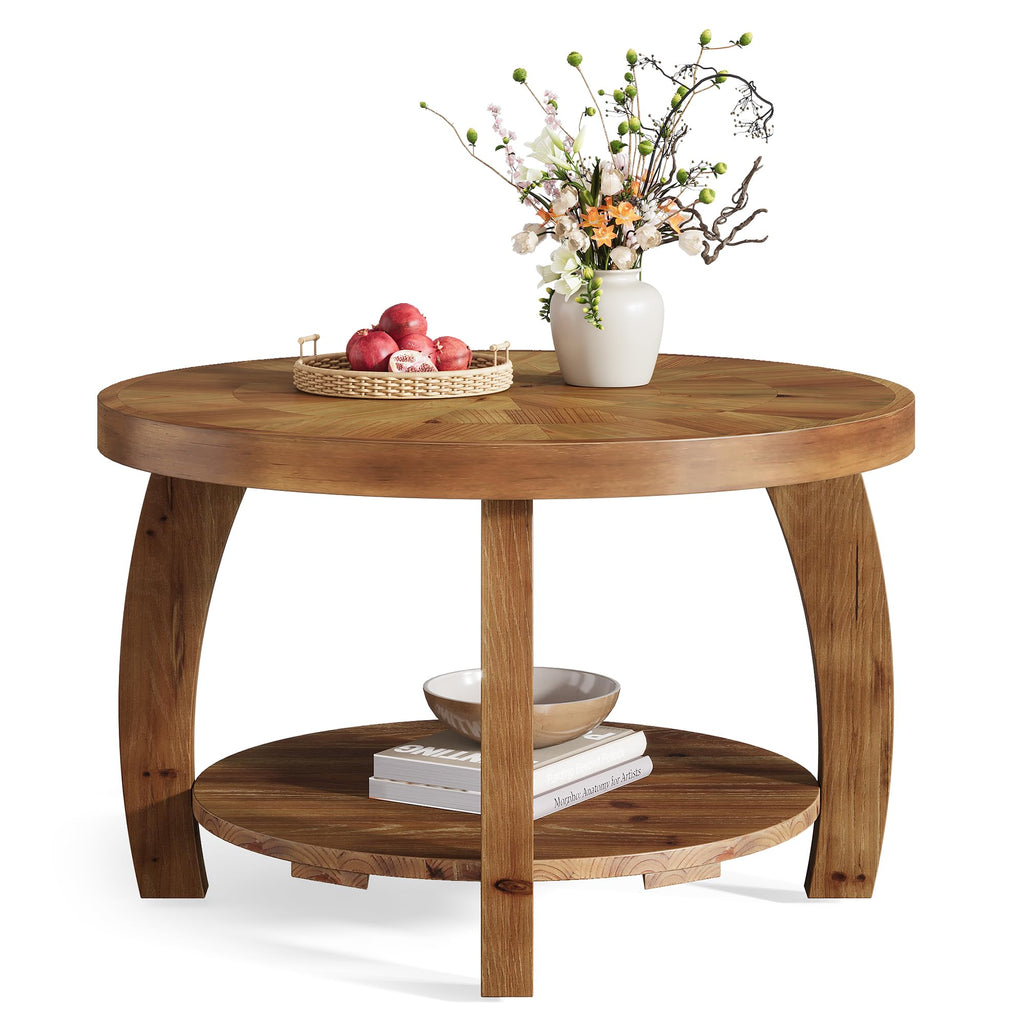 Solid Wood Round 2-Tier Coffee Table with Storage L151