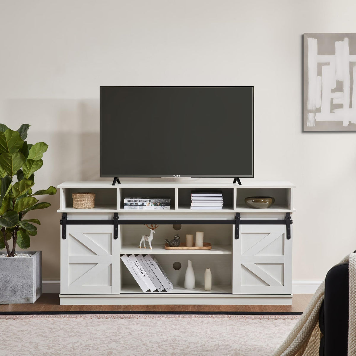 White Wood TV Stand with Adjustable Shelves J918597
