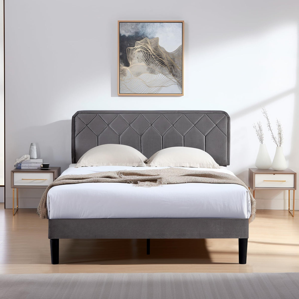 Queen Size Velvet Upholstered Platform Bed Frame A214044