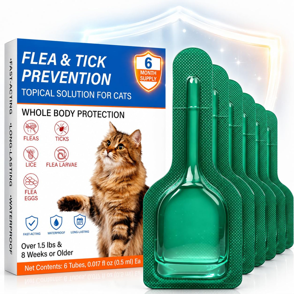 Waterproof Topical Flea & Tick Preventative for Cats, 6 Doses I2689
