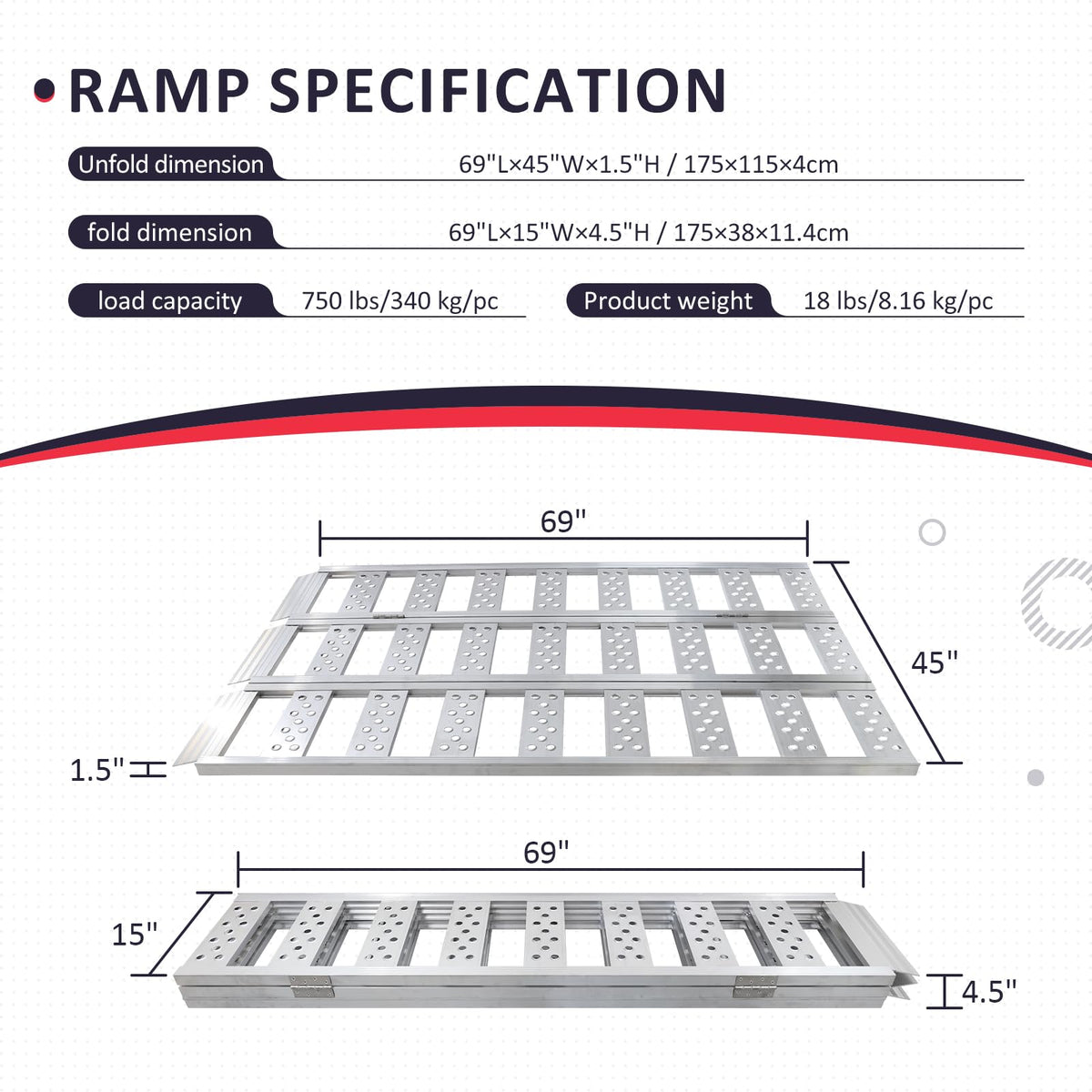 Full Width Aluminum Tri-Fold Loading Ramps with Treads L5652