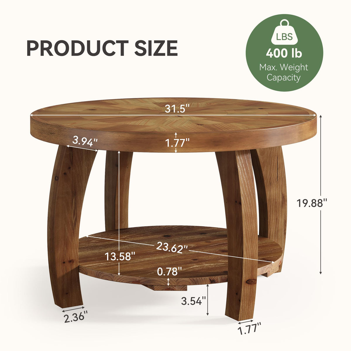 Solid Wood Round 2-Tier Coffee Table with Storage L151