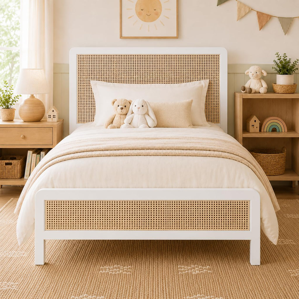 White Rattan Twin Bed Frame with Headboard H979827