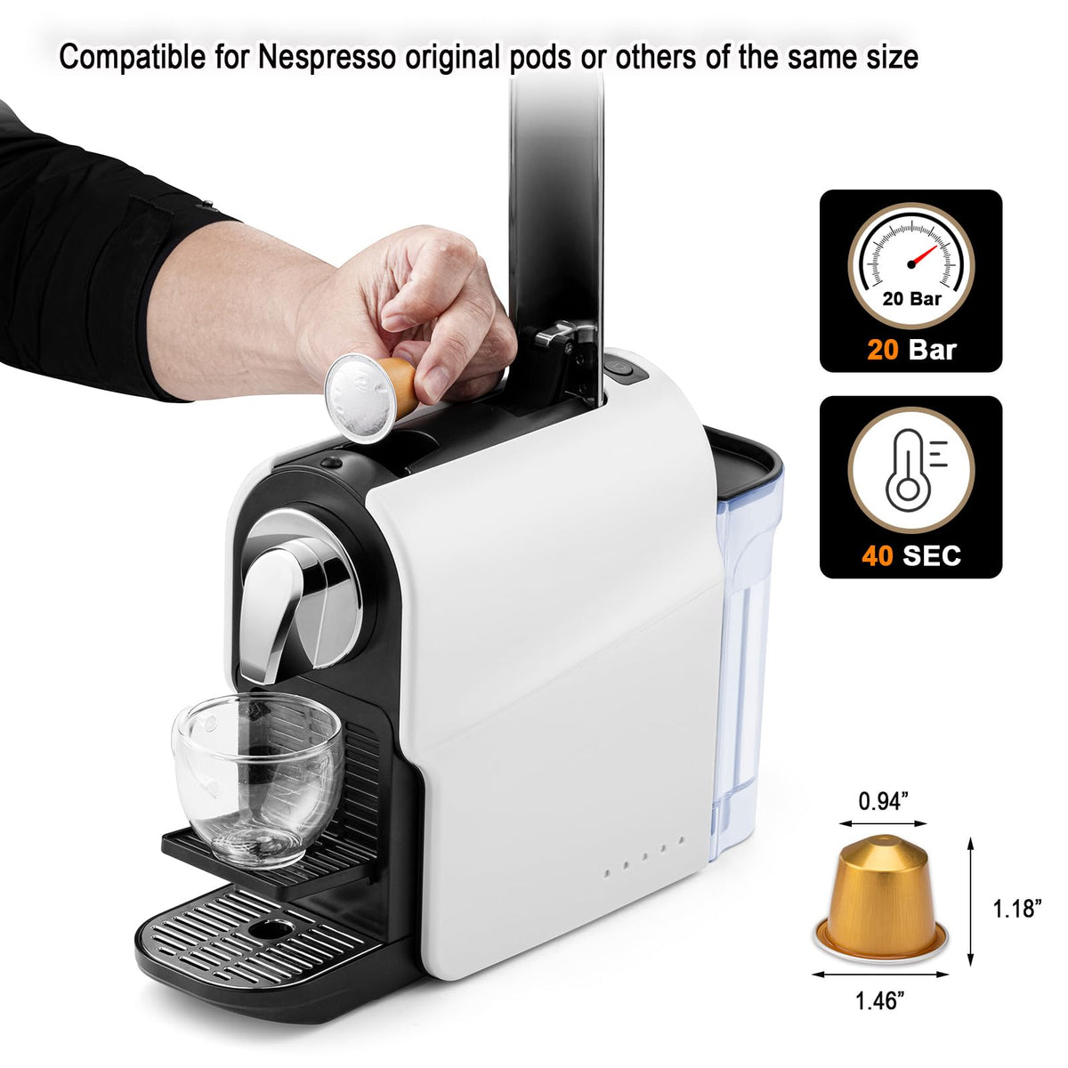 Espresso Pod Machine, 20 Bar, 22oz Removable Water Tank, 1350W R4627
