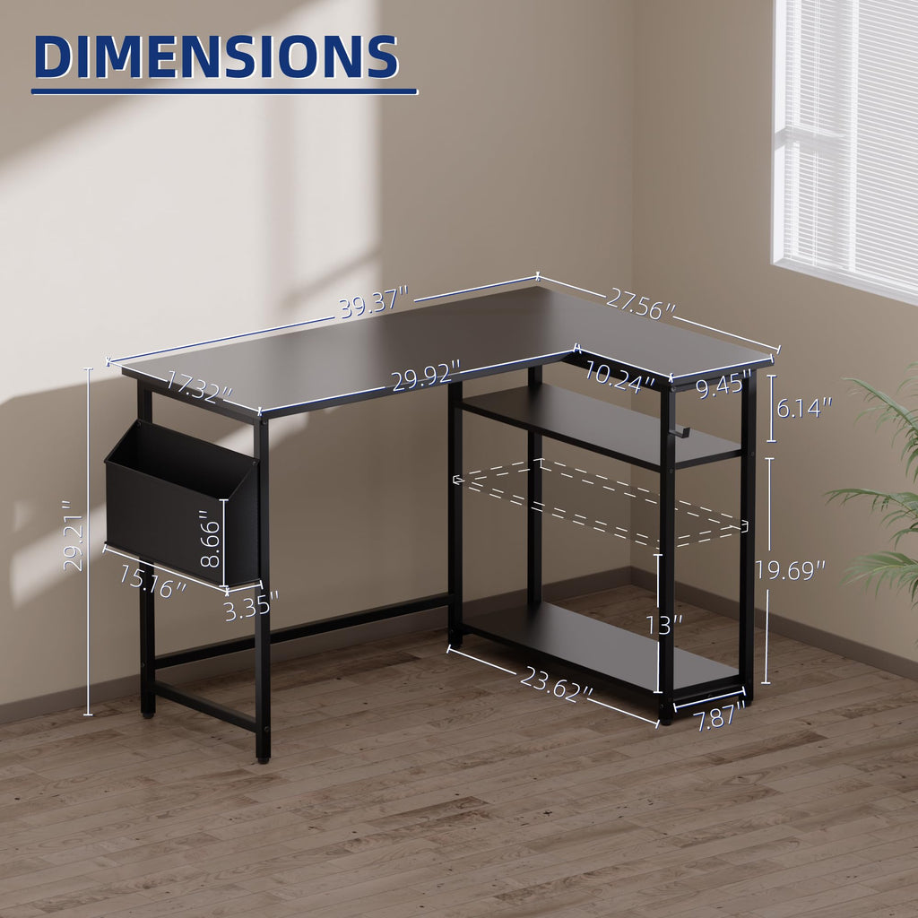 40 Inch L Shaped Computer Desk with Reversible Storage Shelves White M1780