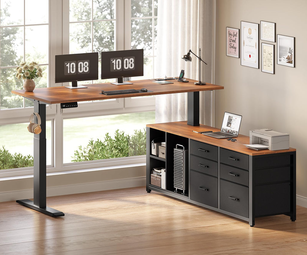 L Shaped Electric Standing Desk, 55" x 55" Height Adjustable Corner Office Desk with 6 Fabric Drawers and Storage Shelves, Stand up Home Office Desk with Power Outlet, Black and Brown H9615