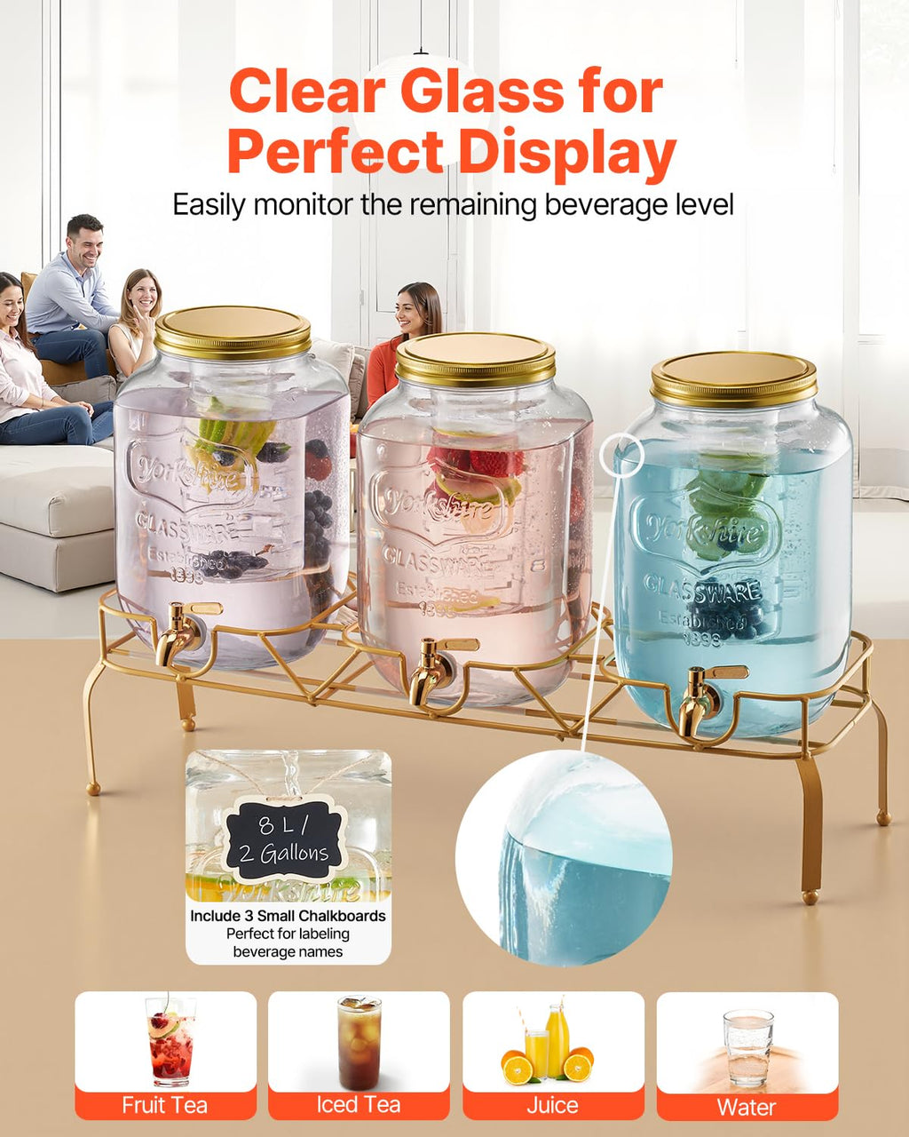3 Pack 2 Gallon Glass Beverage Dispenser with Metal Stand Y375