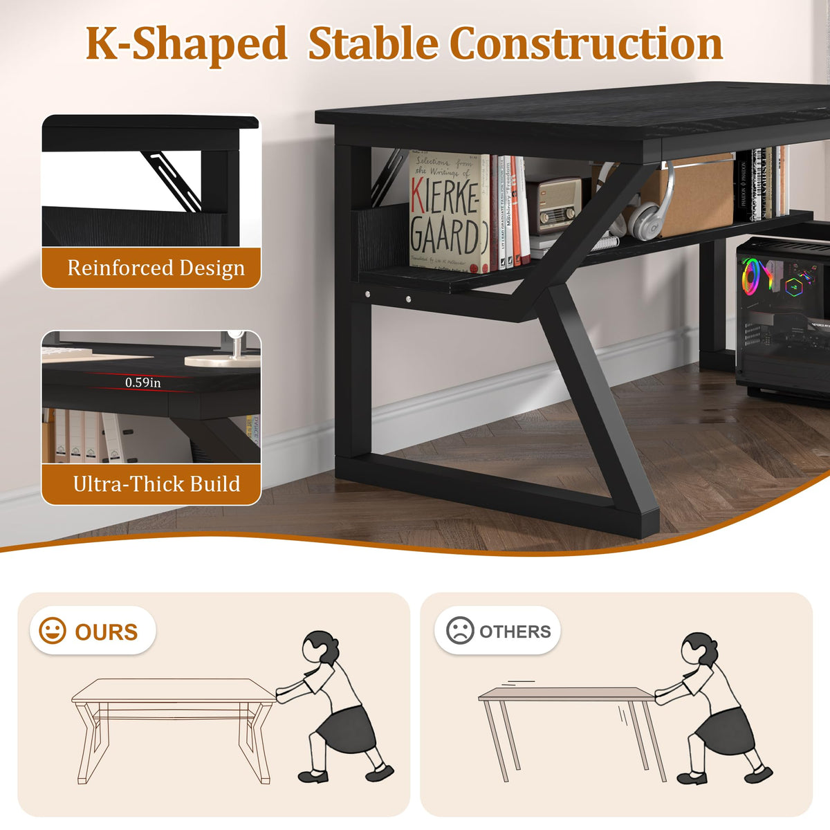 47 inch Black Computer Desk with Storage Shelf C38974