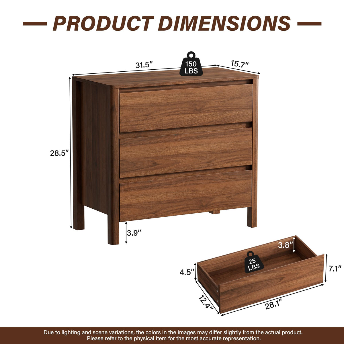 31.5" Wide 3 Drawer Wood Dresser with Legs, Walnut F27519