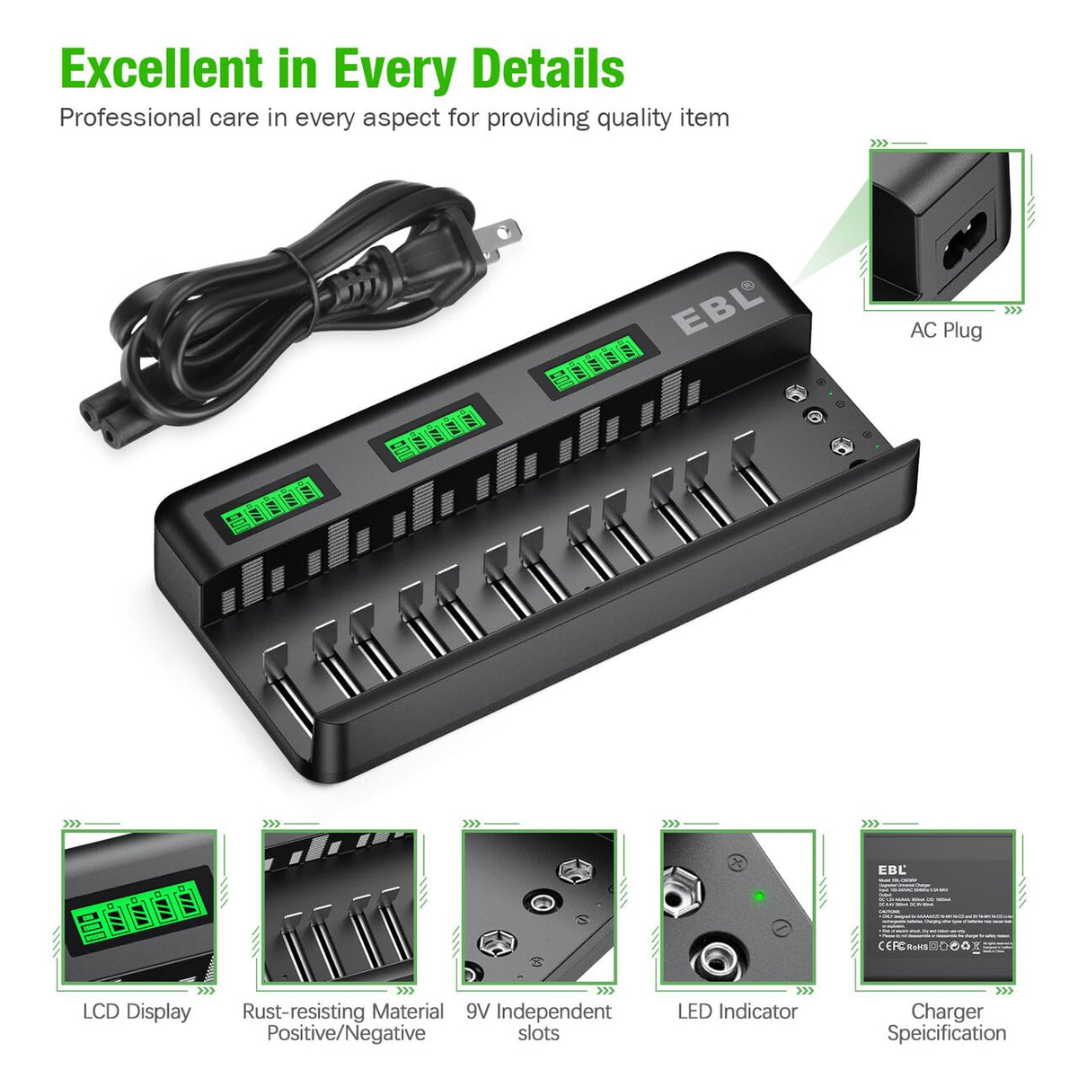 8 Pack 10000mAh Ni-MH D Rechargeable Batteries with Charger Y3653