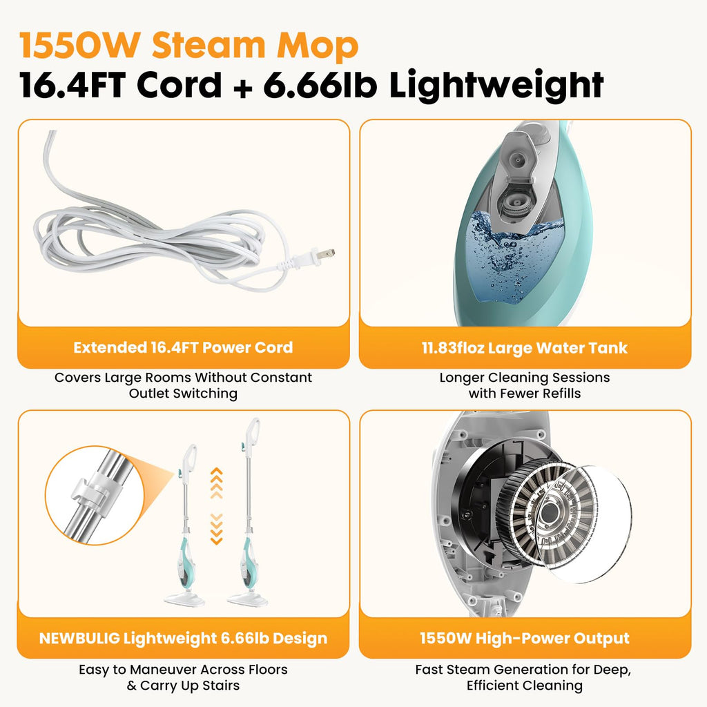 14-in-1 Steam Mop Detachable Handheld Steam Cleaner with 2 Washable Pads U140318